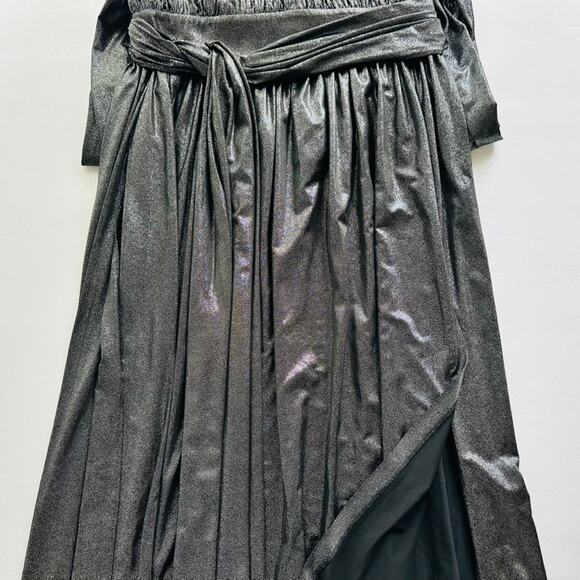 Halston Heritage Black Plunge Gown Metallic Wrap Belted Jersey Maxi Formal Prom - Picture 3 of 7